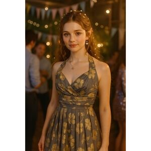 New Year's Eve Party Fairy Y2K Babydoll Bow Gray Gold Foil Halter Midi L Dress